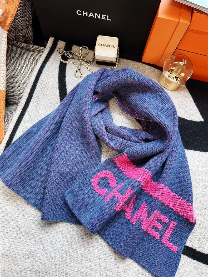 Chanel Chanel 22K rose pink letter logo dark blue cashmere scarf Size ONE SIZE - 1 Thumbnail