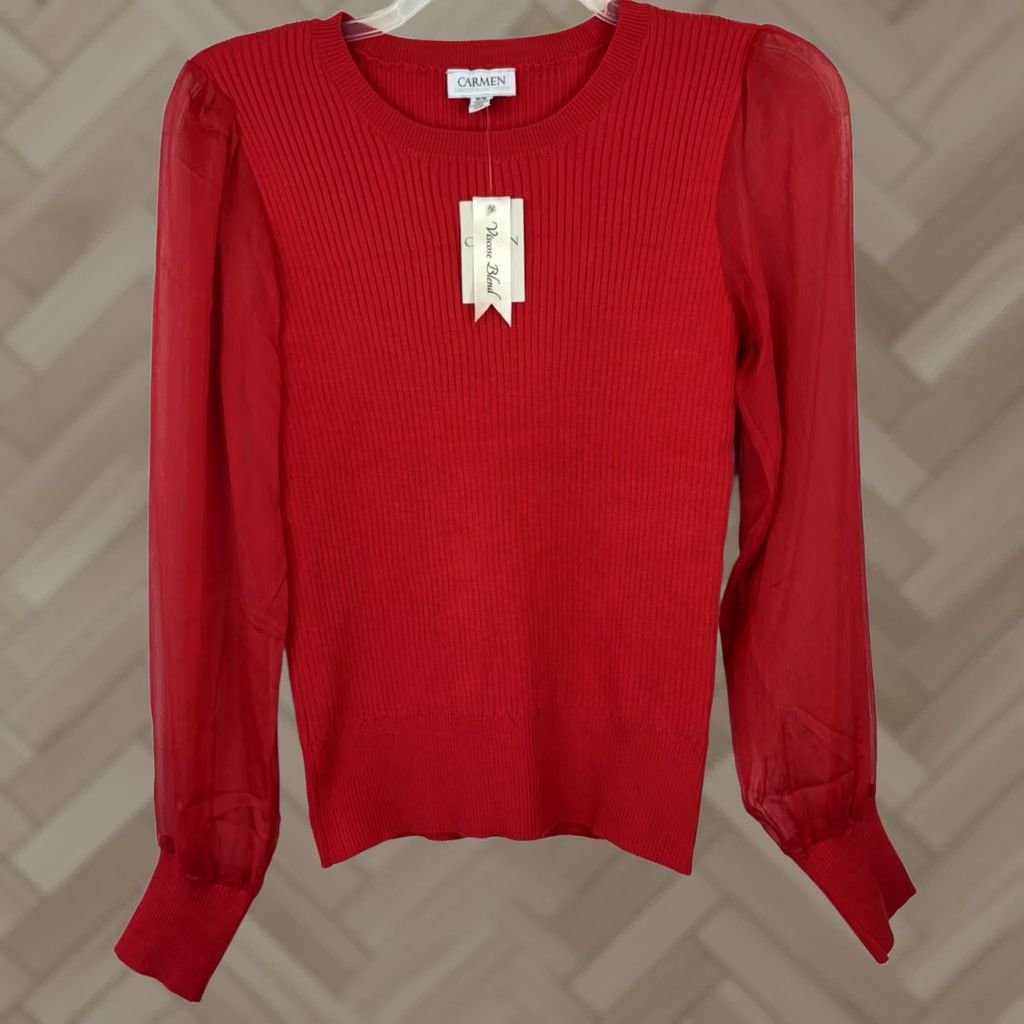 Vintage Carmen Marc Valvo Ribbed Knit Top Womens M Blue Crew Neck Long Sleeve Pullover Stretch Casual Party Cocktail New Size M / US 6-8 / IT 42-44 - 1 Thumbnail