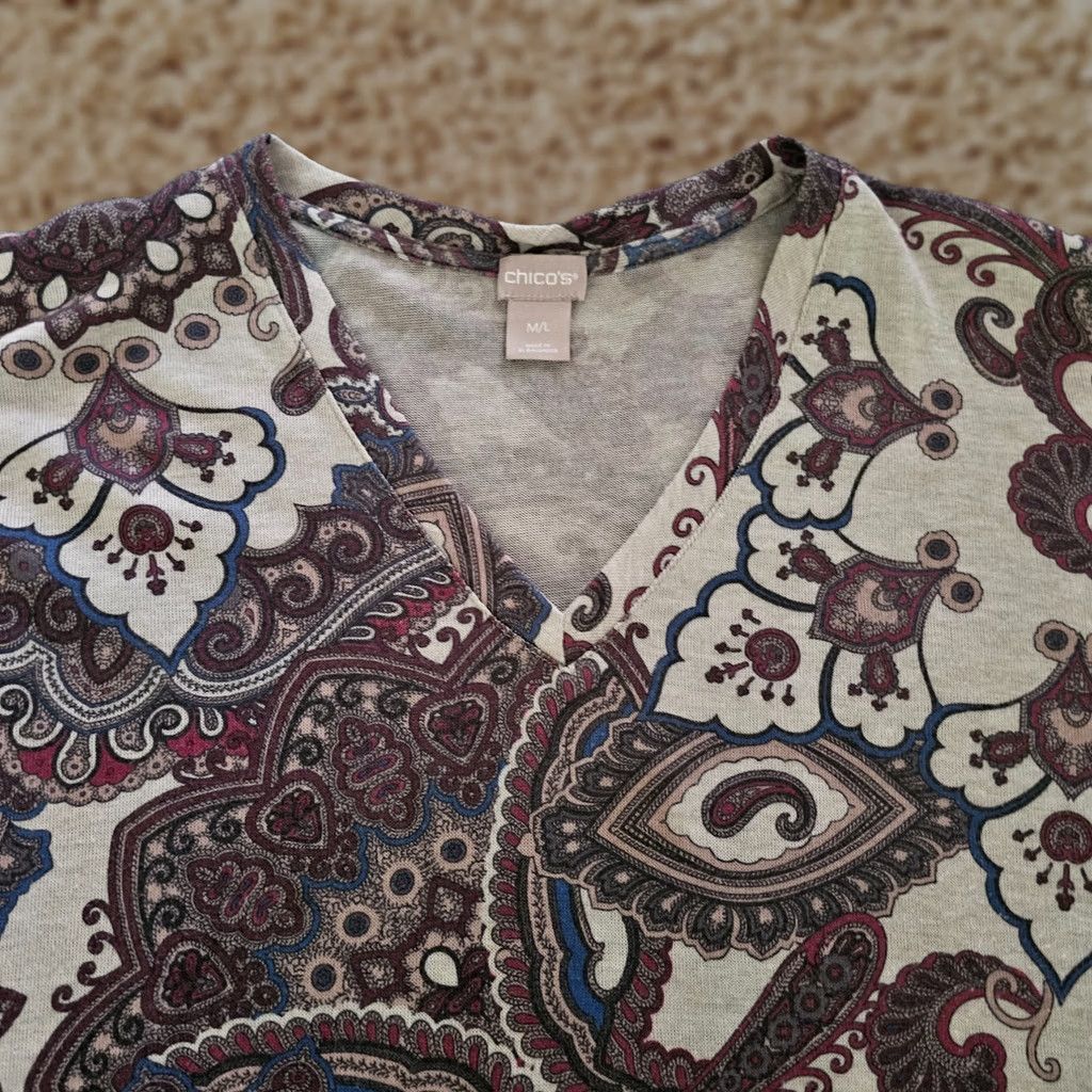 Vintage Chicos Shirt Womens Large Gray Purple Paisley Short Sleeve Knit Oversized Size L / US 10 / IT 46 - 1 Thumbnail