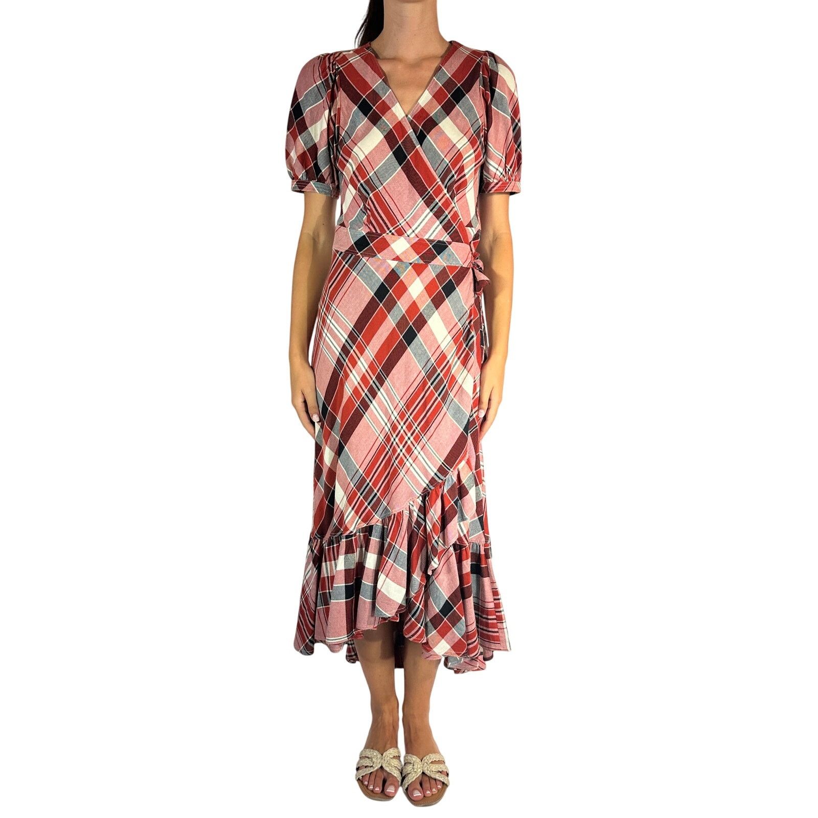 RALPH LAUREN Plaid Ruffle Trim Wrap Dress Puff Sleeve Red
