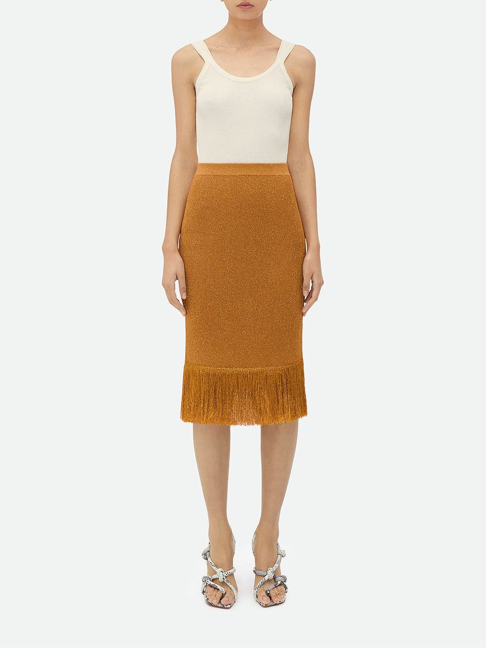 Bottega Veneta o1bcso1str0225 Fringed Hem Lurex Ribbed Midi Skirt Mustard Size 30" / US 8 / IT 44 - 2 Thumbnail