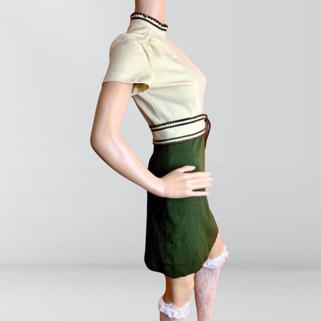 Vintage 1960s Cream & Olive Mock Neck Mod Dress