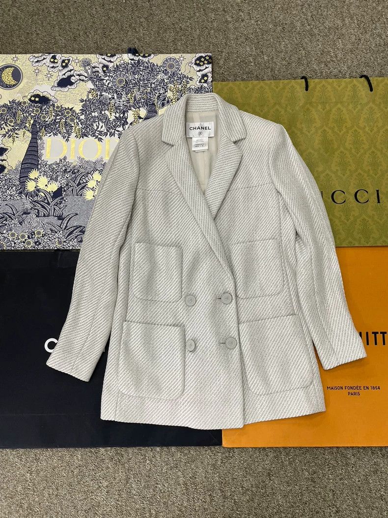 chanel Silver Grey Dark Patterned Four-Pocket Suit Jacket