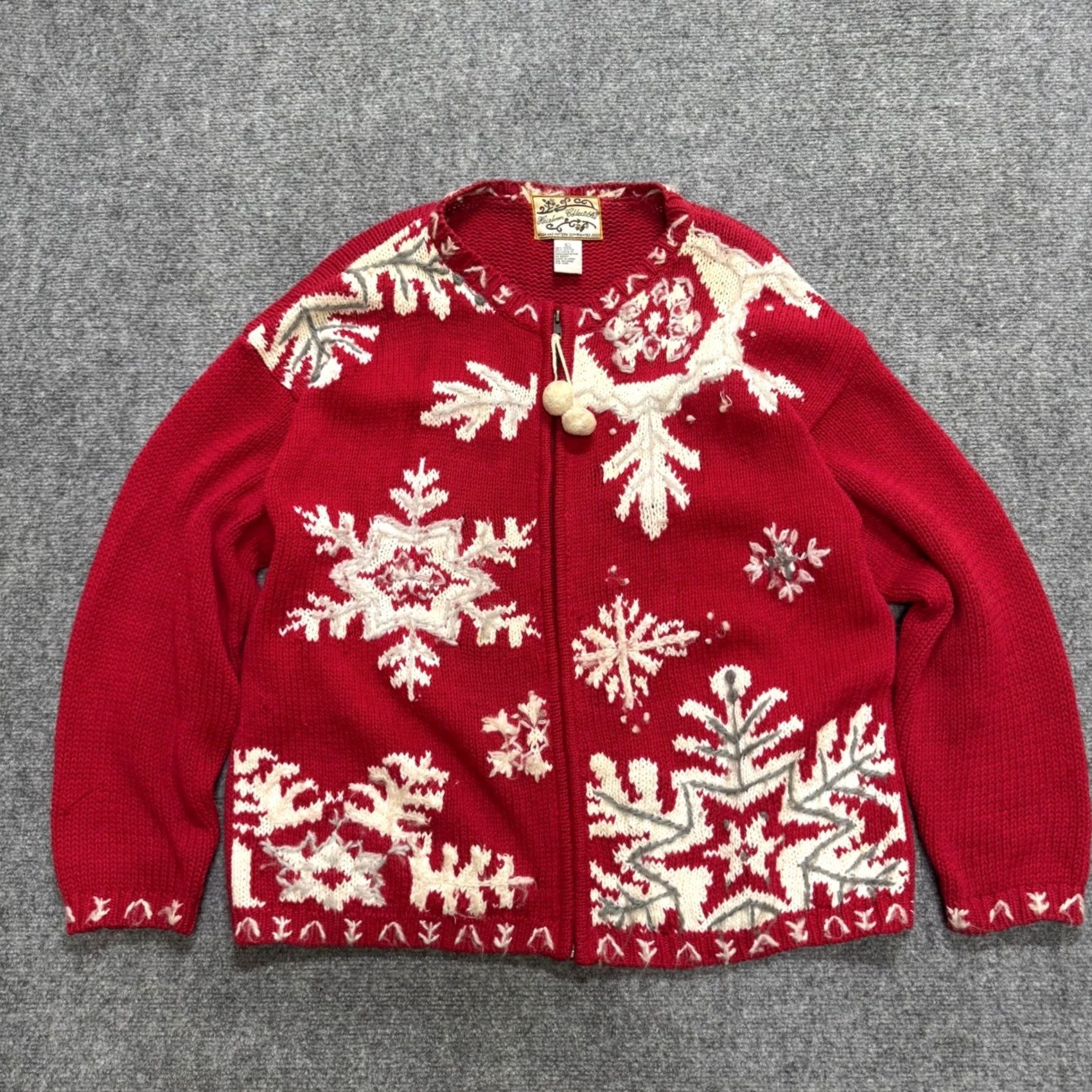Vintage VINTAGE Heirloom Collectibles Red Snowflake Zip Up Sweater Cardigan Pom Pom Womens Large Size L / US 10 / IT 46 - 3 Thumbnail