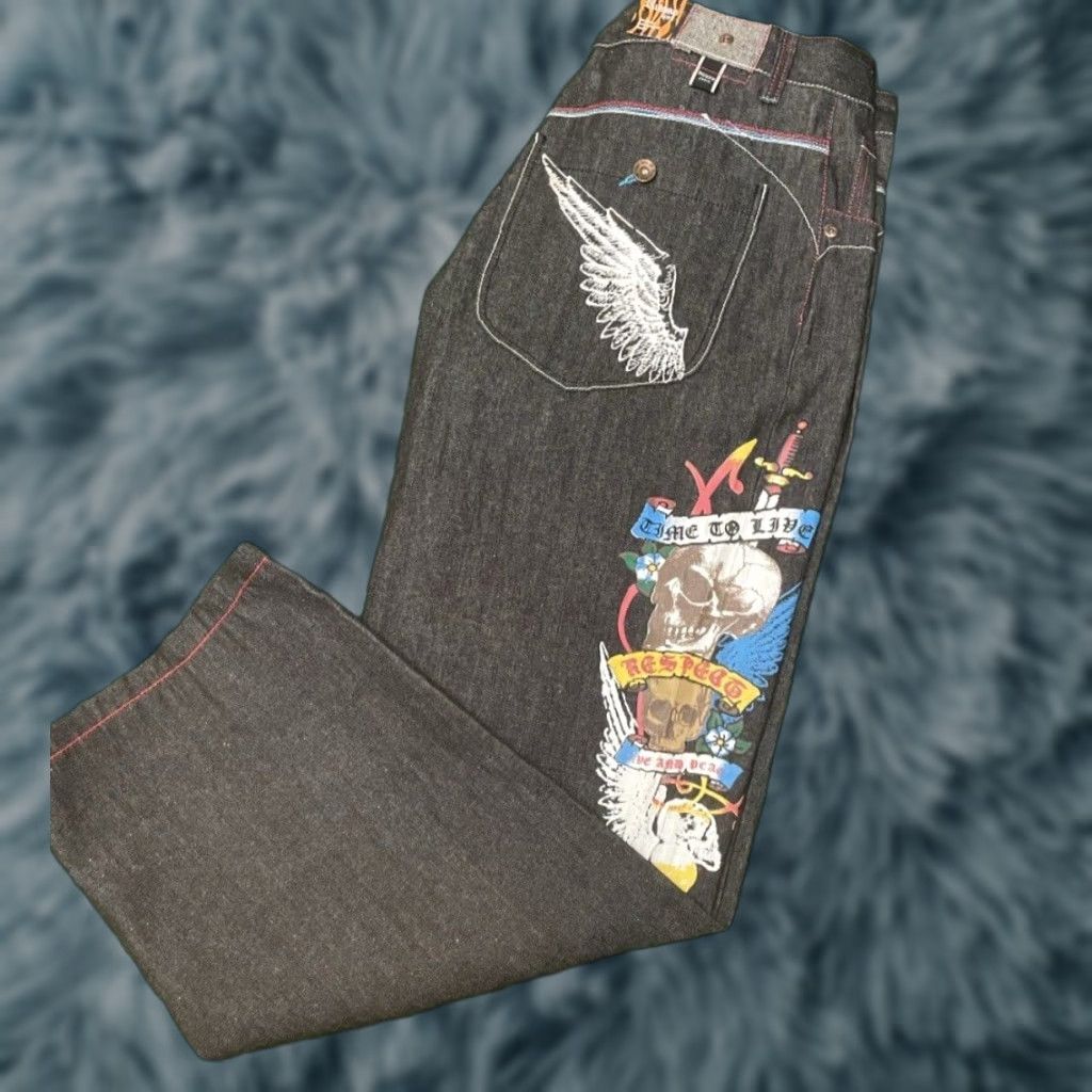 Vintage VINTAGE Russo Baggy Jeans Skater Grunge VTG Mens 42 X 32 Black Skull Tattoo Wings Wide-Leg Size US 42 / EU 58 - 1 Thumbnail