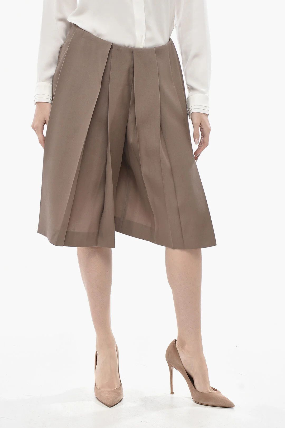 Lanvin og1mm0426 Wool-Blend Plissé Gaucho Short in Brown Size 28" / US 6 / IT 42 - 1 Thumbnail