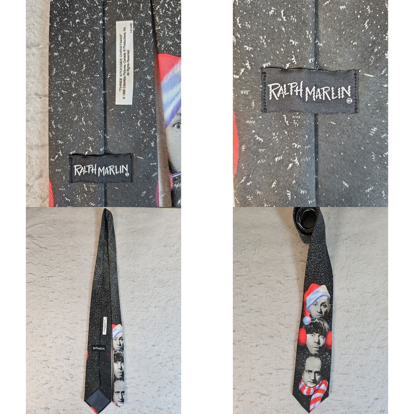 Vintage VINTAGE Ralph Marlin Christmas Holiday Three Stooges Neck Tie Mens Black White Red 60" Long Size ONE SIZE - 8 Thumbnail