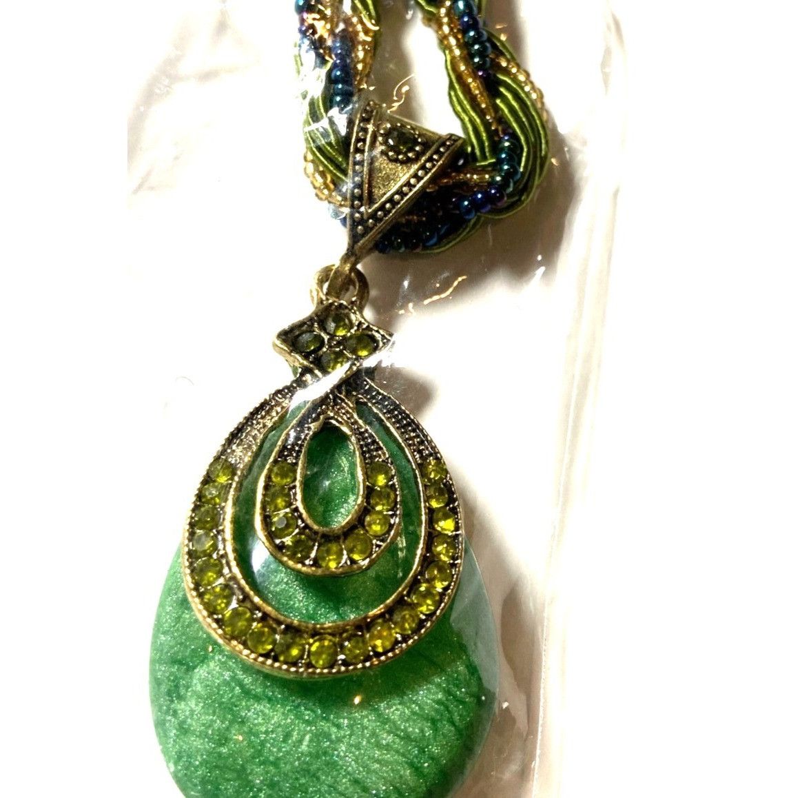 Other Bohemian Braid Necklace Green Resin Pendant 16" Blue & Gold Size ONE SIZE - 8 Thumbnail