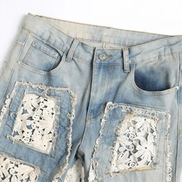 Jean Kimura x Fujii Floral Patchwork Distressed Baggy Denim Jeans Size US 30 / EU 46 - 6 Thumbnail