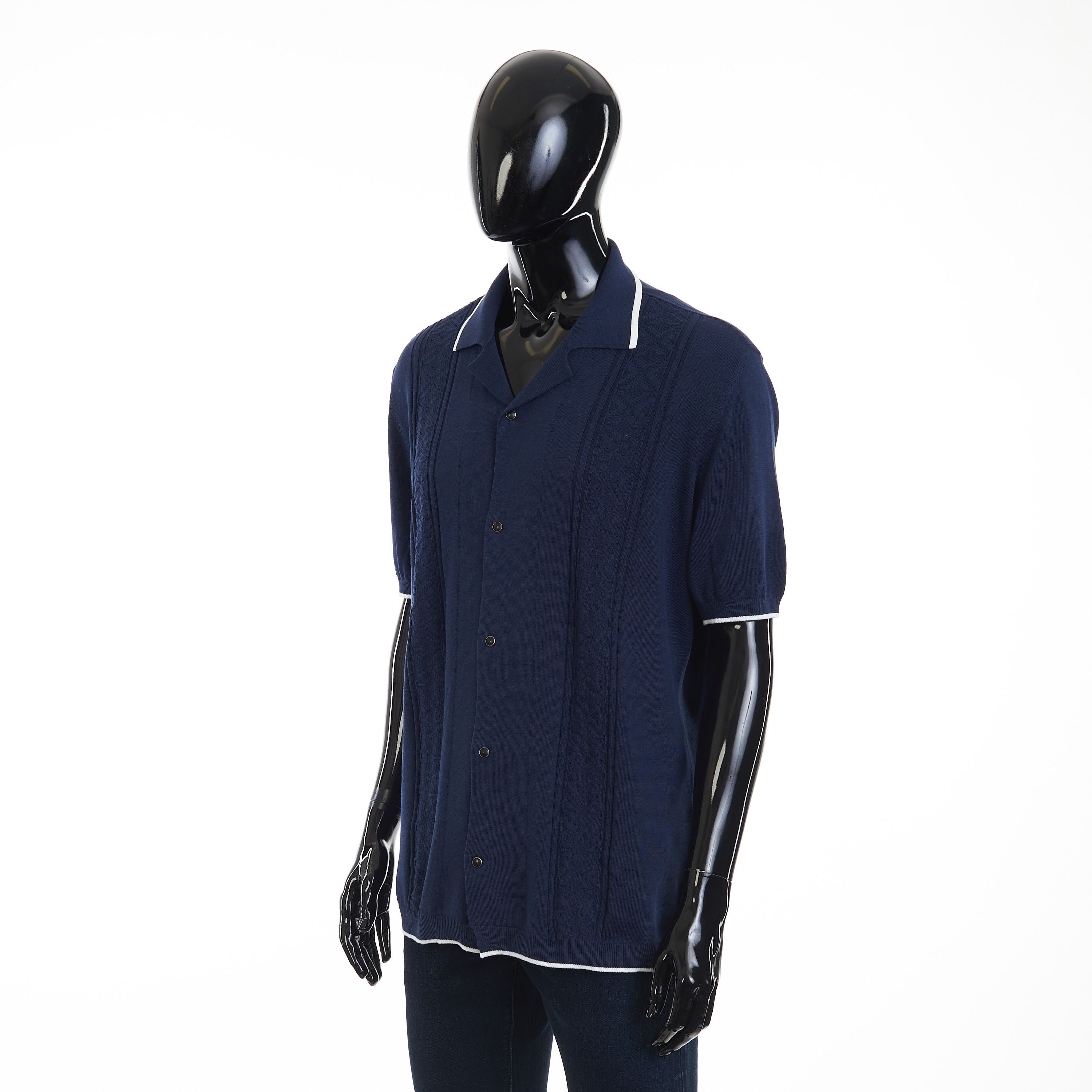 Brunello Cucinelli Navy Blue Short Sleeve Knit Shirt - Cotton Jacquard Rib Size US XL / EU 56 / 4 - 2 Thumbnail