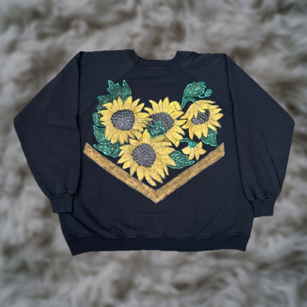 Sunflower VINTAGE Sunflower Sweatshirt Womens XL 90s Handmade Painted Glitter Graphic Crew Size XL / US 12-14 / IT 48-50 - 1 Thumbnail