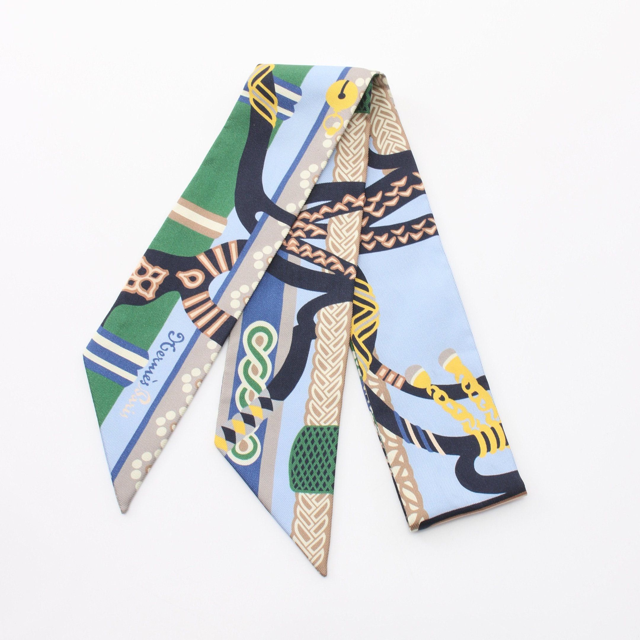 Hermes Hermes Twilly Fantaisie D'Etriers Ribbon Scarf Silk Light Blue Multicolor Size ONE SIZE - 1 Thumbnail
