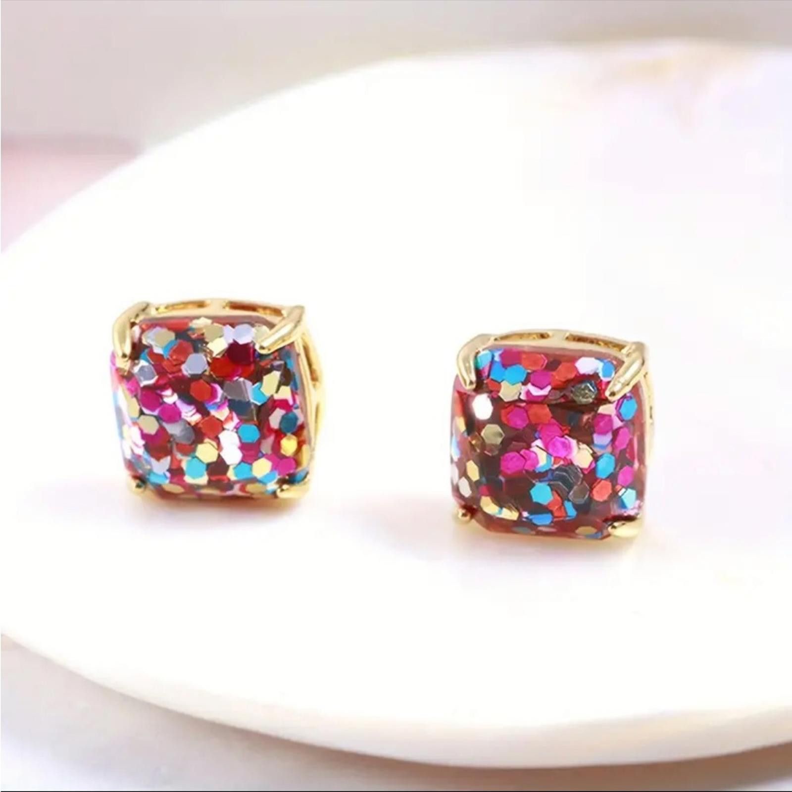 Designer Confetti Glitter Stud Earrings Gold Toned Multicolored Size ONE SIZE - 2 Thumbnail