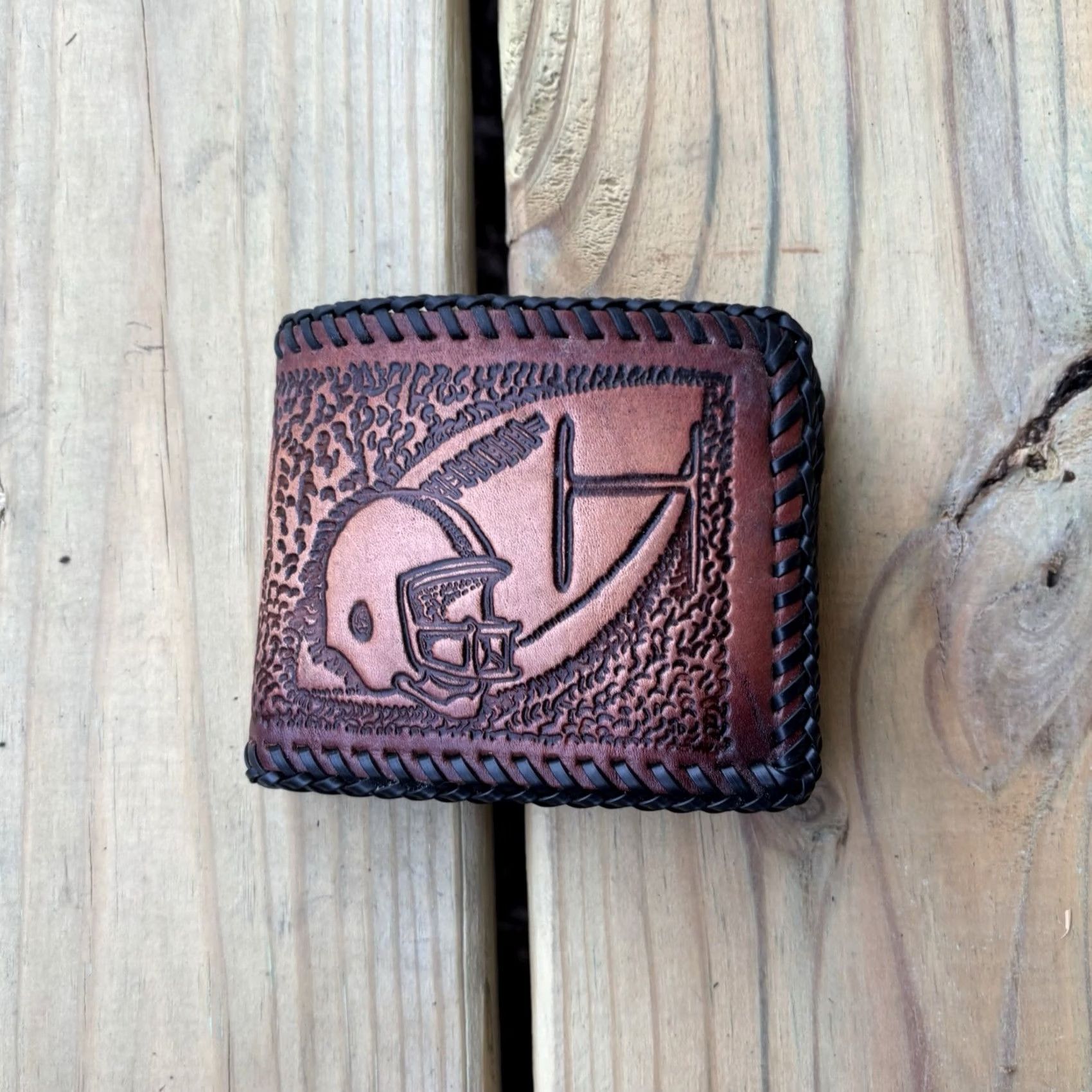 Vintage VINTAGE Leather Wallet Fish Football Sports Hand Tooled Whipstitch USA Brown Wallet Men Bifold USA Football Handcrafted Size ONE SIZE - 3 Thumbnail