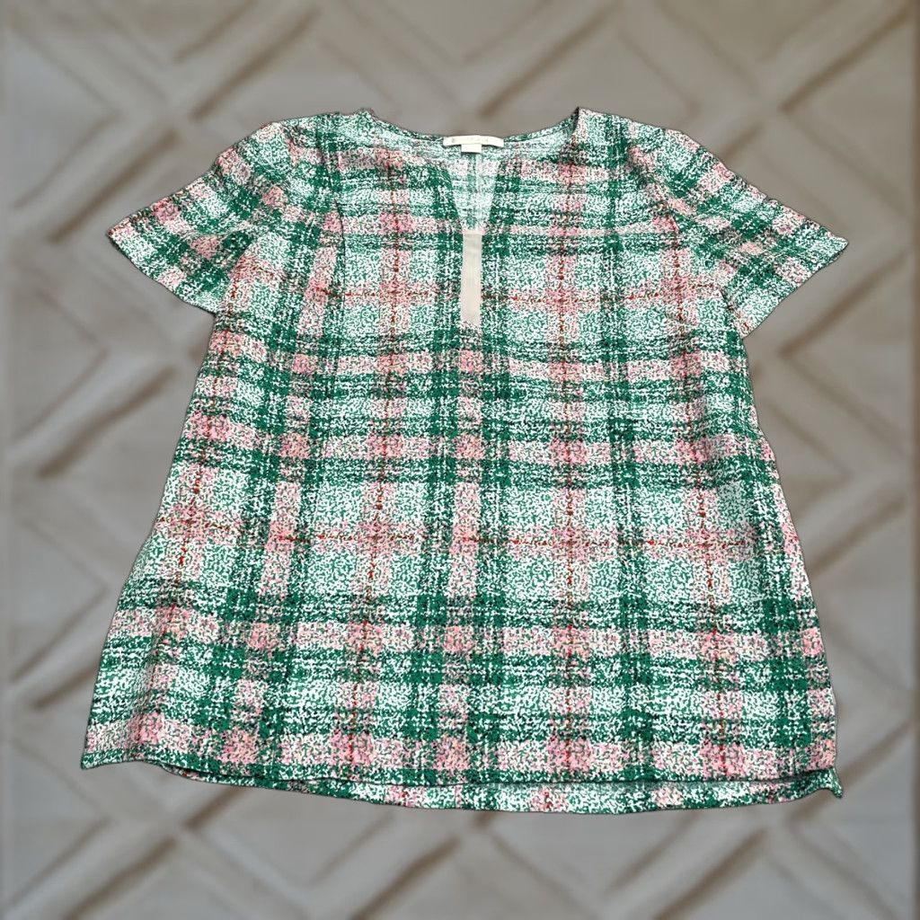 Vintage Cooper & Ella Blouse Womens Large Green Plaid Short Sleeve Casual Top Size L / US 10 / IT 46 - 1 Thumbnail
