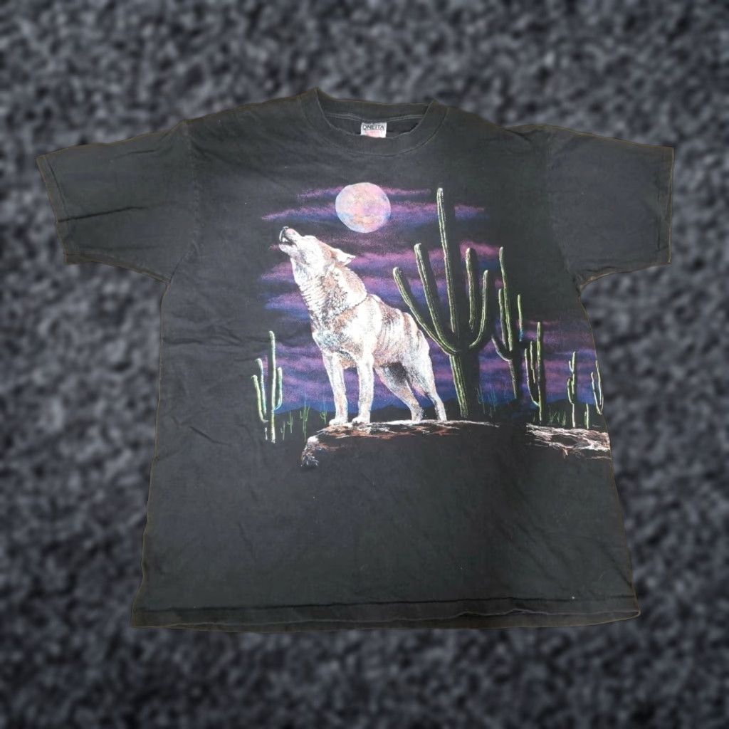 Vintage VINTAGE Oneita Graphic T-Shirt Mens XL Black Grey Wolf Southwestern Print Short Sleeve Crew Neck 80s American Biker Mens Size US XL / EU 56 / 4 - 1 Thumbnail