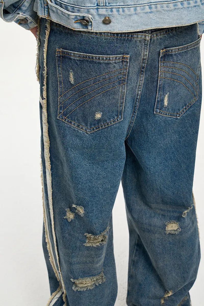 Japanese Brand × Jean Stripe Track Baggy Distressed Denim Jeans, Ripped Jeans Size US 30 / EU 46 - 5 Thumbnail