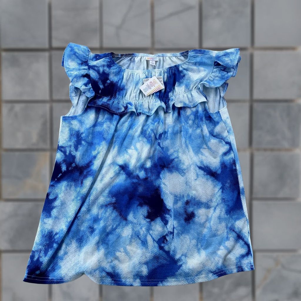Vintage LuLaRoe Stasha Ruffle Shirt Womens Large Blue Tie Dye Flutter Sleeve Boho Blouse Size L / US 10 / IT 46 - 1 Thumbnail