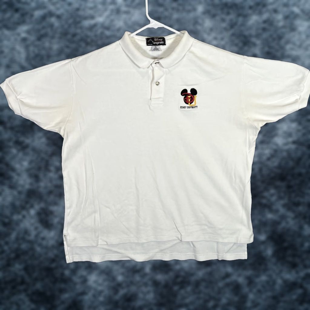 Disney VINTAGE Disney Originals University Polo Shirt Adult XL White Mens Polo 90s University Embroidered 100% Cotton Short Sleeve Collared Button Polo Shirt Size US XL / EU 56 / 4 - 1 Thumbnail