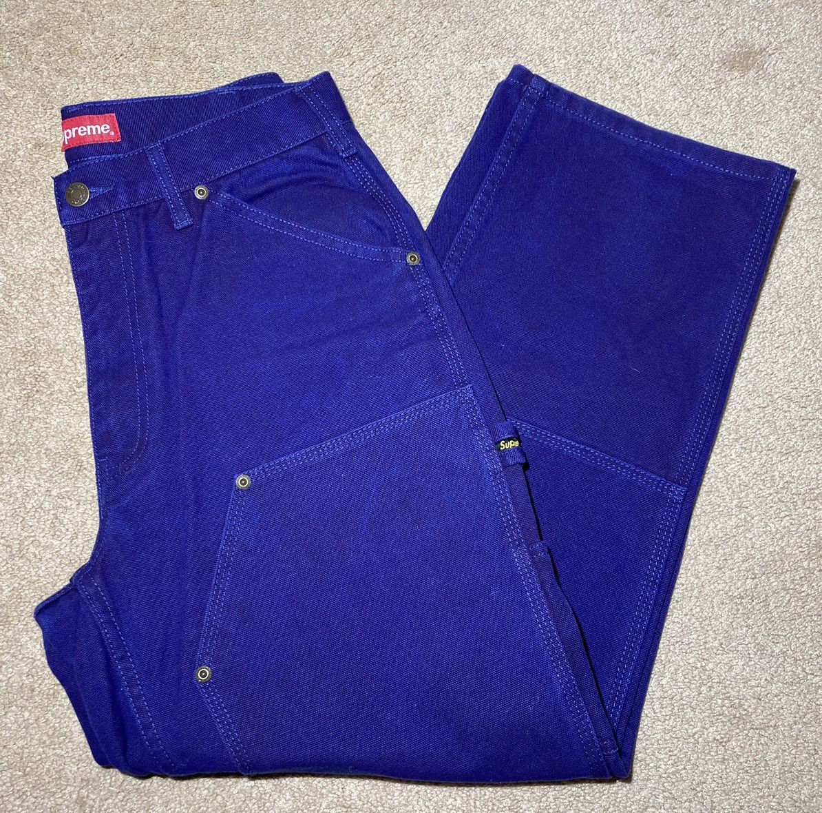 image of 2021 Supreme Double Knee Carpenter Pants Blue Denim Jeans 30 in Deep Royal Blue, Men's