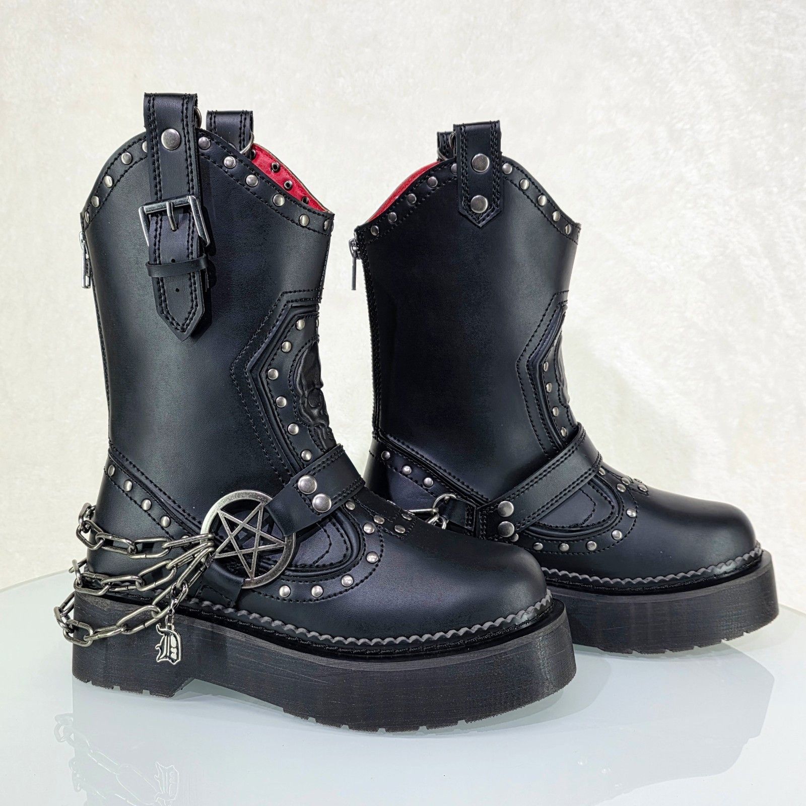 Other Rebel Goth Punk Engineer Western Mid Calf Boots Skull Chains Size US 6 / IT 36 - 2 Thumbnail