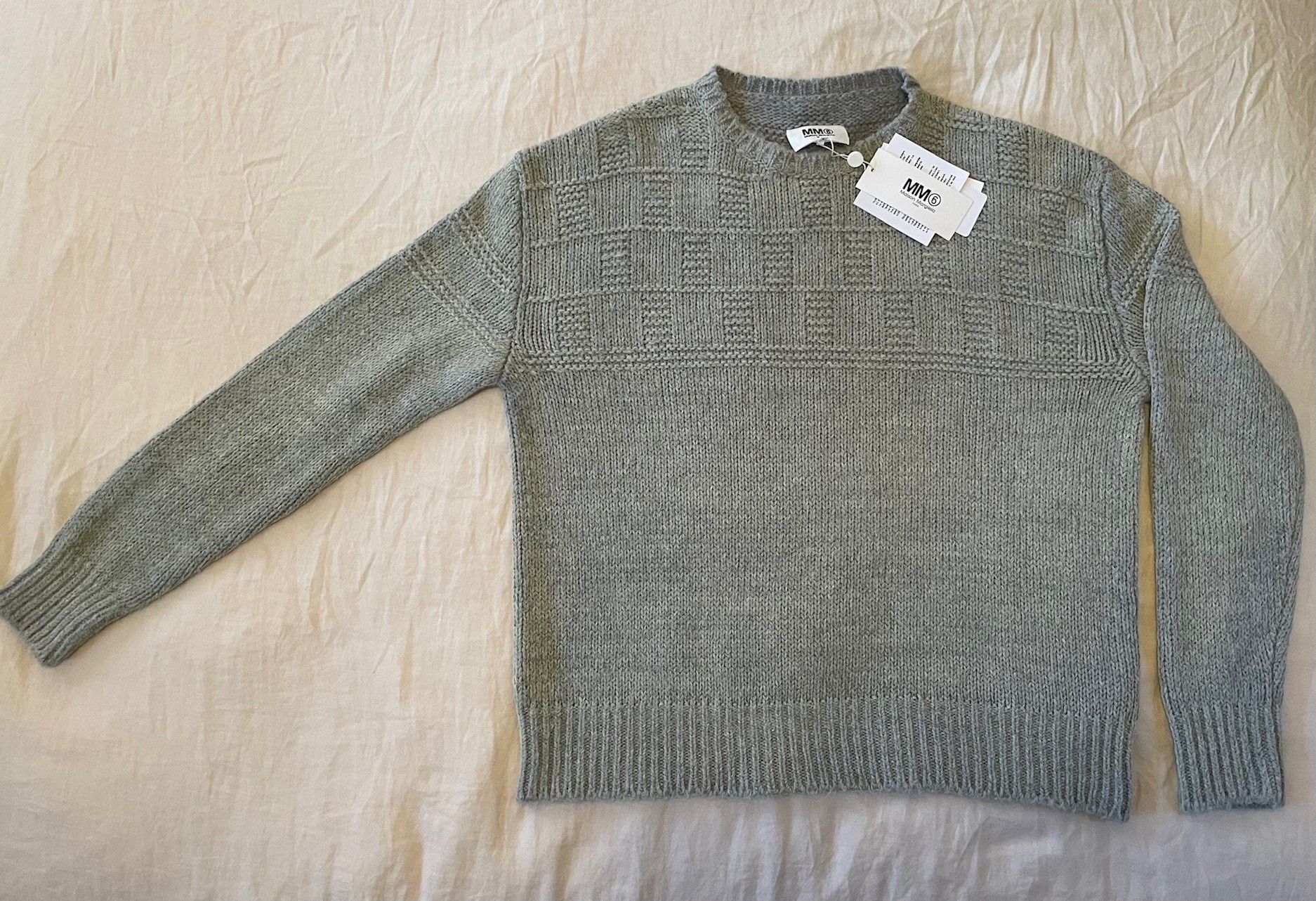 image of Mm6 Maison Margiela Check-Knitted Crew-Neck Sweater in Light Grey, Men's (Size Large)
