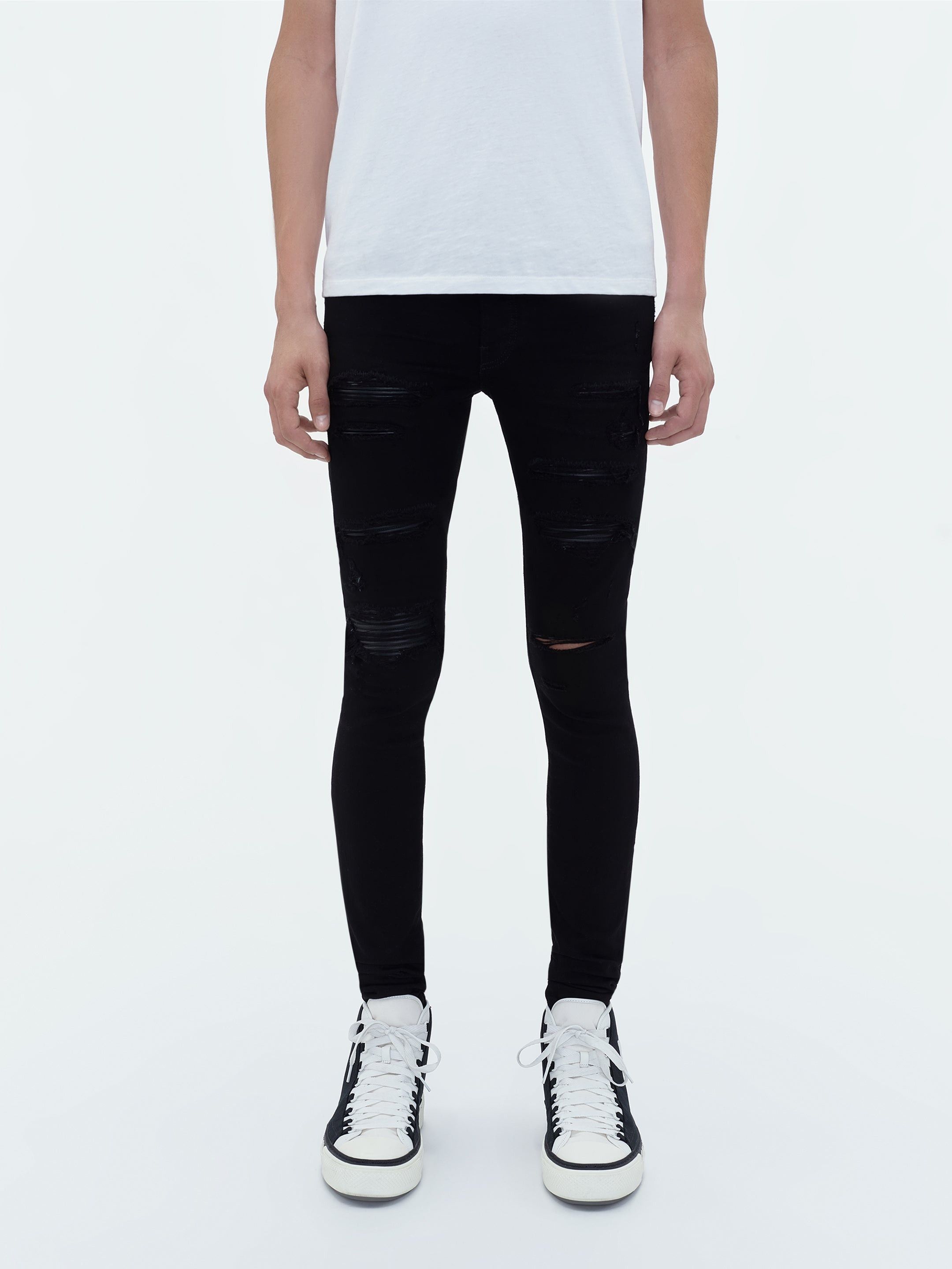 Amiri oc11z0225 Leather Thrasher Jeans in Black Size US 33 - 3 Thumbnail