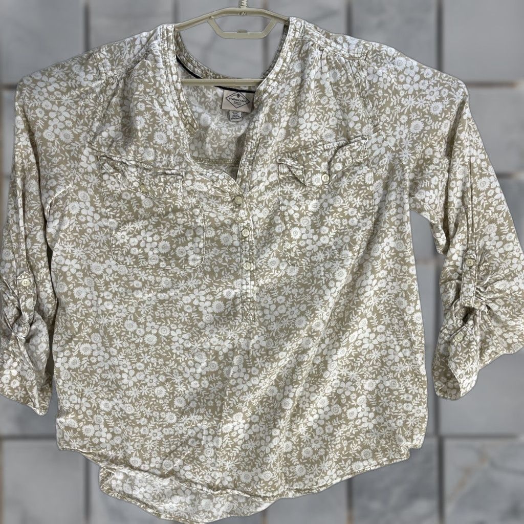 Vintage St Johns Bay Blouse XL Beige White Long Sleeve Floral Cotton Blend Tunic Womens Size XL / US 12-14 / IT 48-50 - 1 Thumbnail