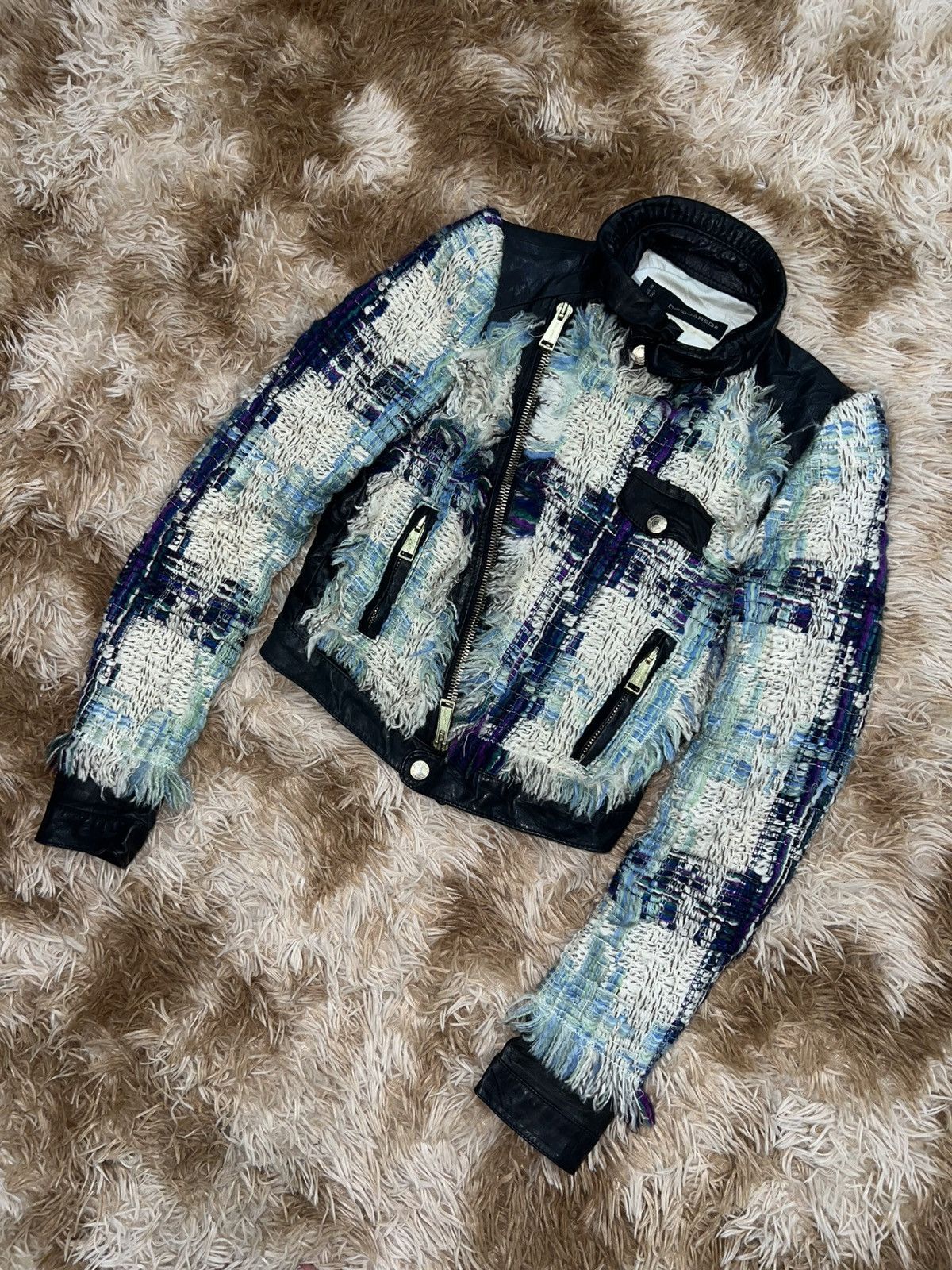DSQUARED² Archival Mixed-Media Tweed & Leather Moto Jacket