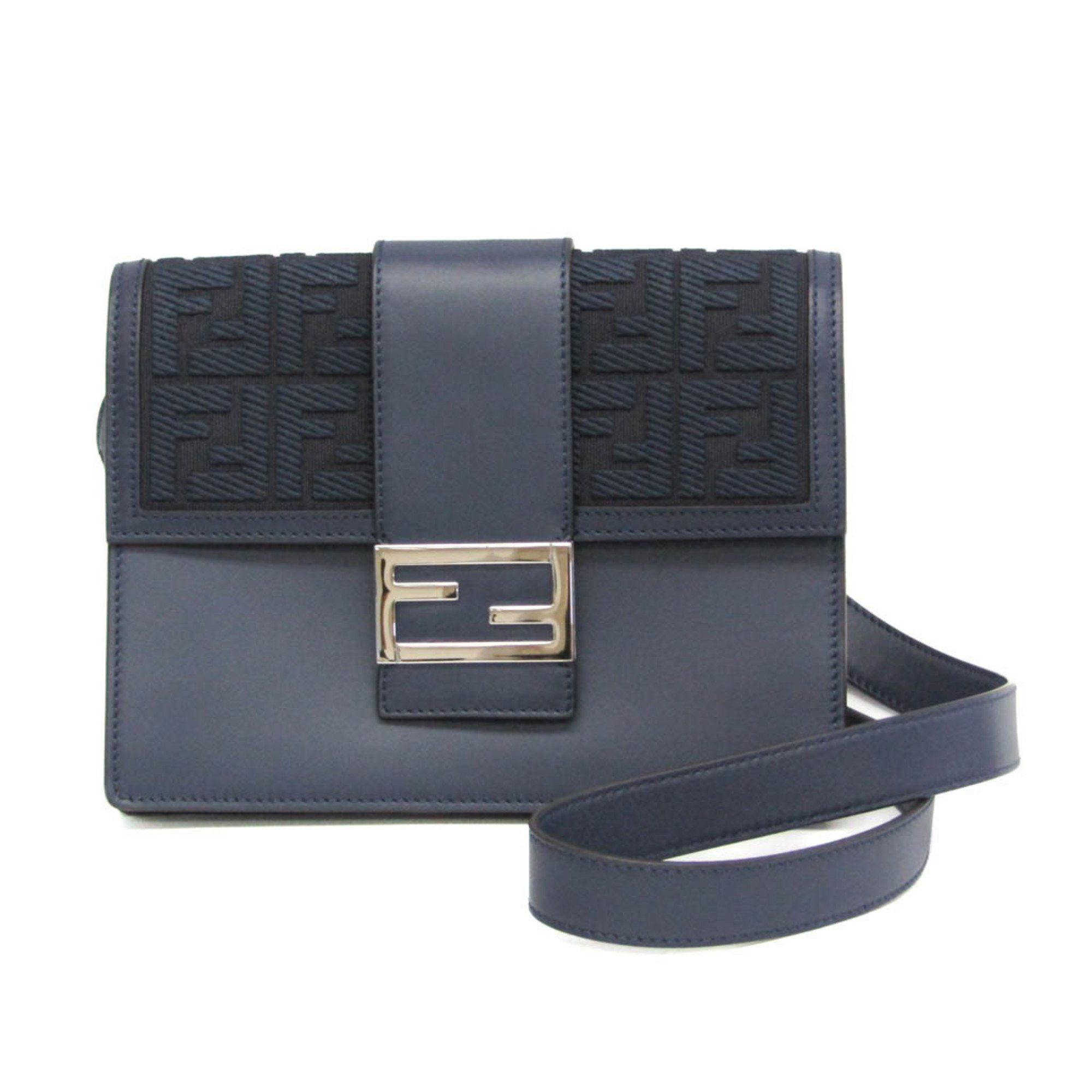 Fendi Flat Baguette Medium 7Va524 Women's Leather,canvas Shoulder Bag Navy in Blue