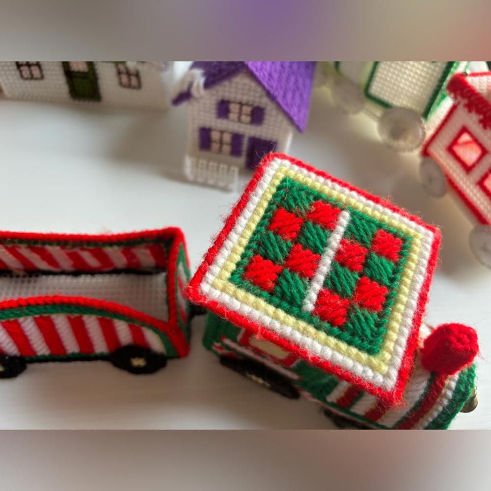 Vintage Plastic Canvas Needlepoint 2 Trains and 4 Houses