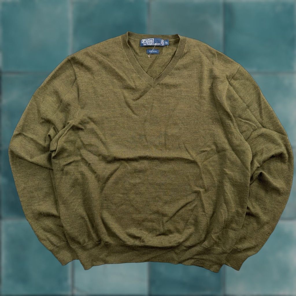 Polo Ralph Lauren VINTAGE Polo Ralph Lauren Wool Sweater V-Neck Mens XL Green Pullover Polo Ralph Lauren VTG Pullover Sweater Green Wool Solid Knit Long Sleeve Size US XL / EU 56 / 4 - 1 Thumbnail