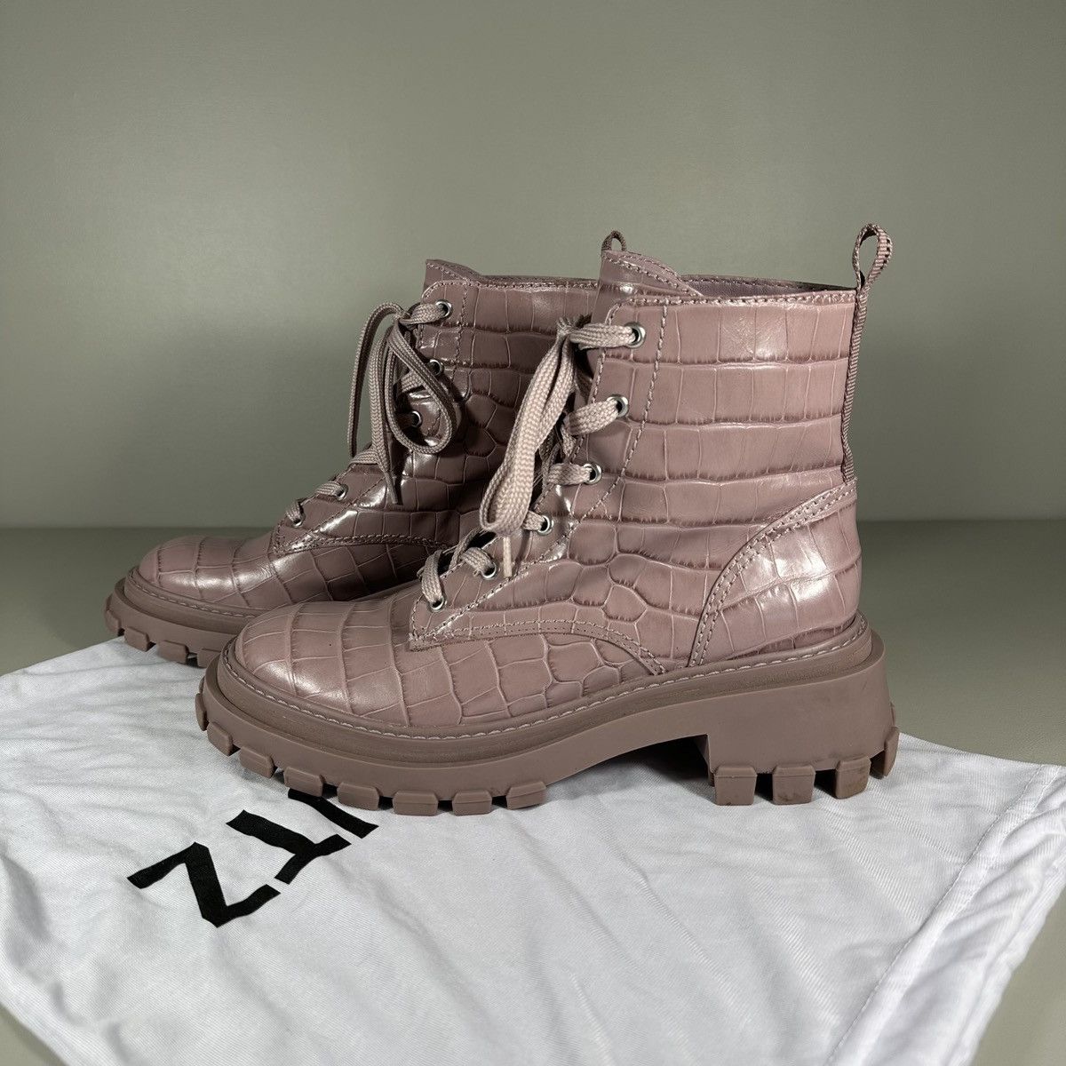 SCHUTZ Schutz Orly Croc Print Lug Sole Lilac Combat Leather Boots Size US 9.5 / IT 39.5 - 1 Thumbnail