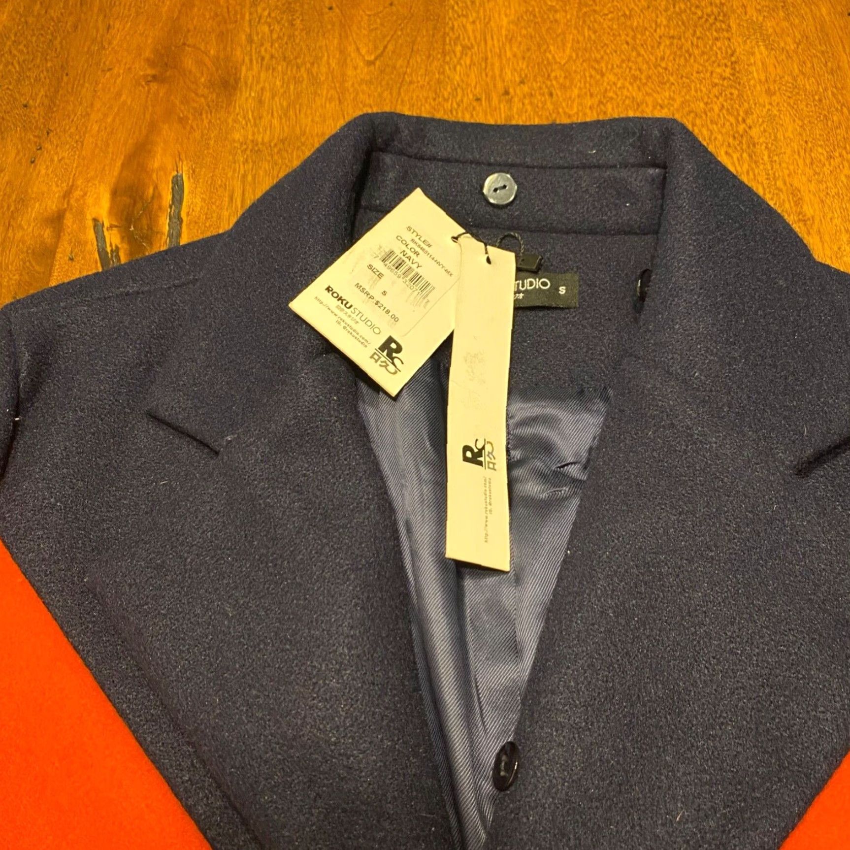 Vintage ROKU STUDIO Mens Small Navy Blue Orange Brown Peacoat Blazer Coat Jacket NEW Size 36R - 2 Thumbnail