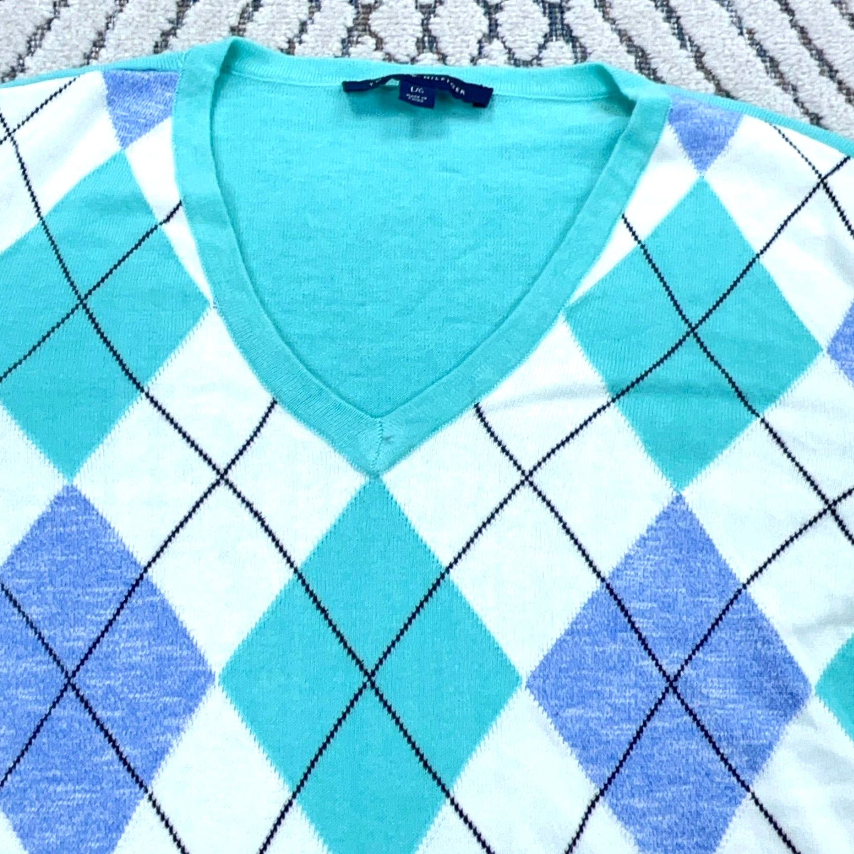 Tommy Hilfiger Tommy Hilfiger Sweater Women L Blue Teal V-Neck Knit Pullover Argyle Embroidered Logo Womens Size L / US 10 / IT 46 - 3 Thumbnail