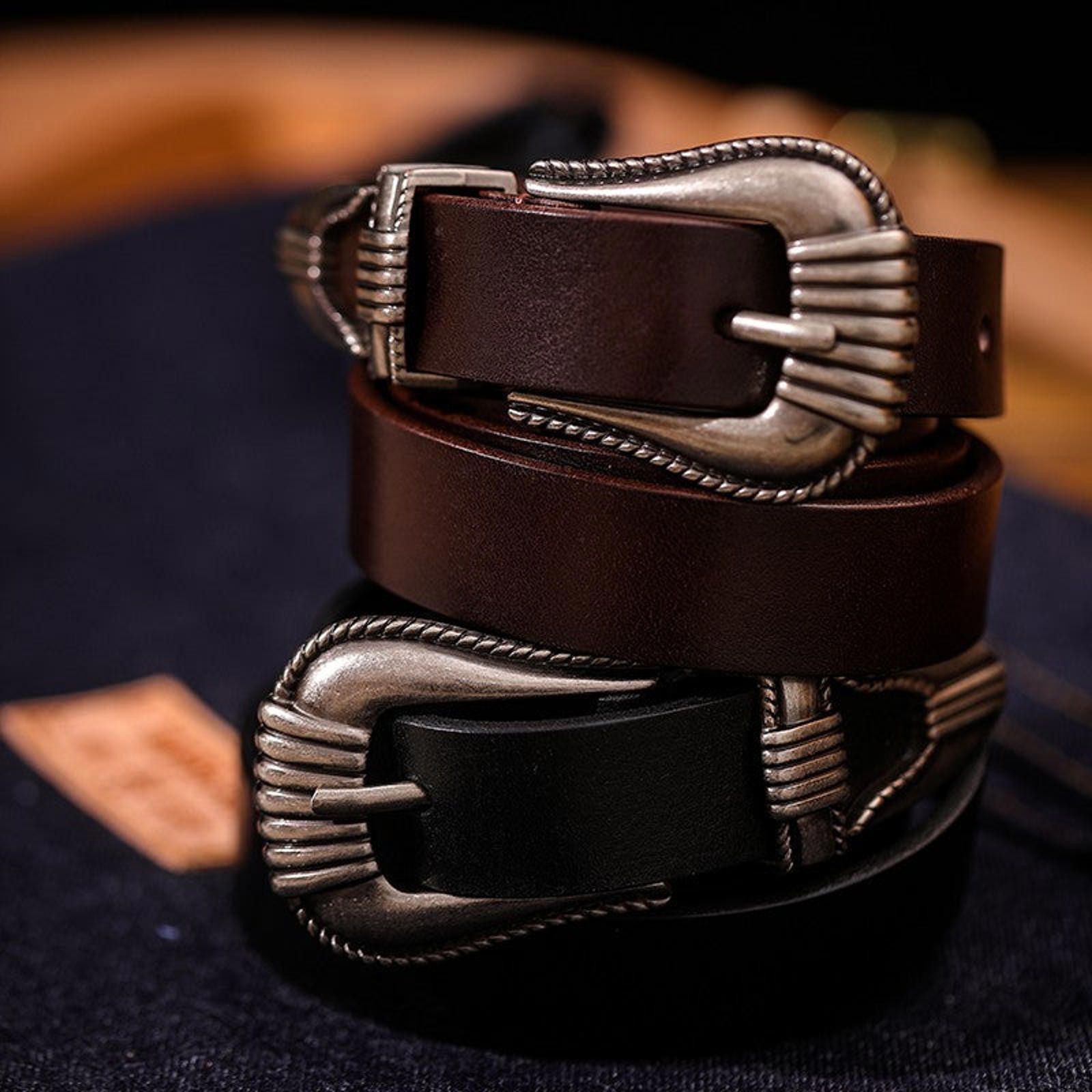 Leather Vintage Cowhide Belt – Handmade, Amekhaki Style Size ONE SIZE - 3 Thumbnail