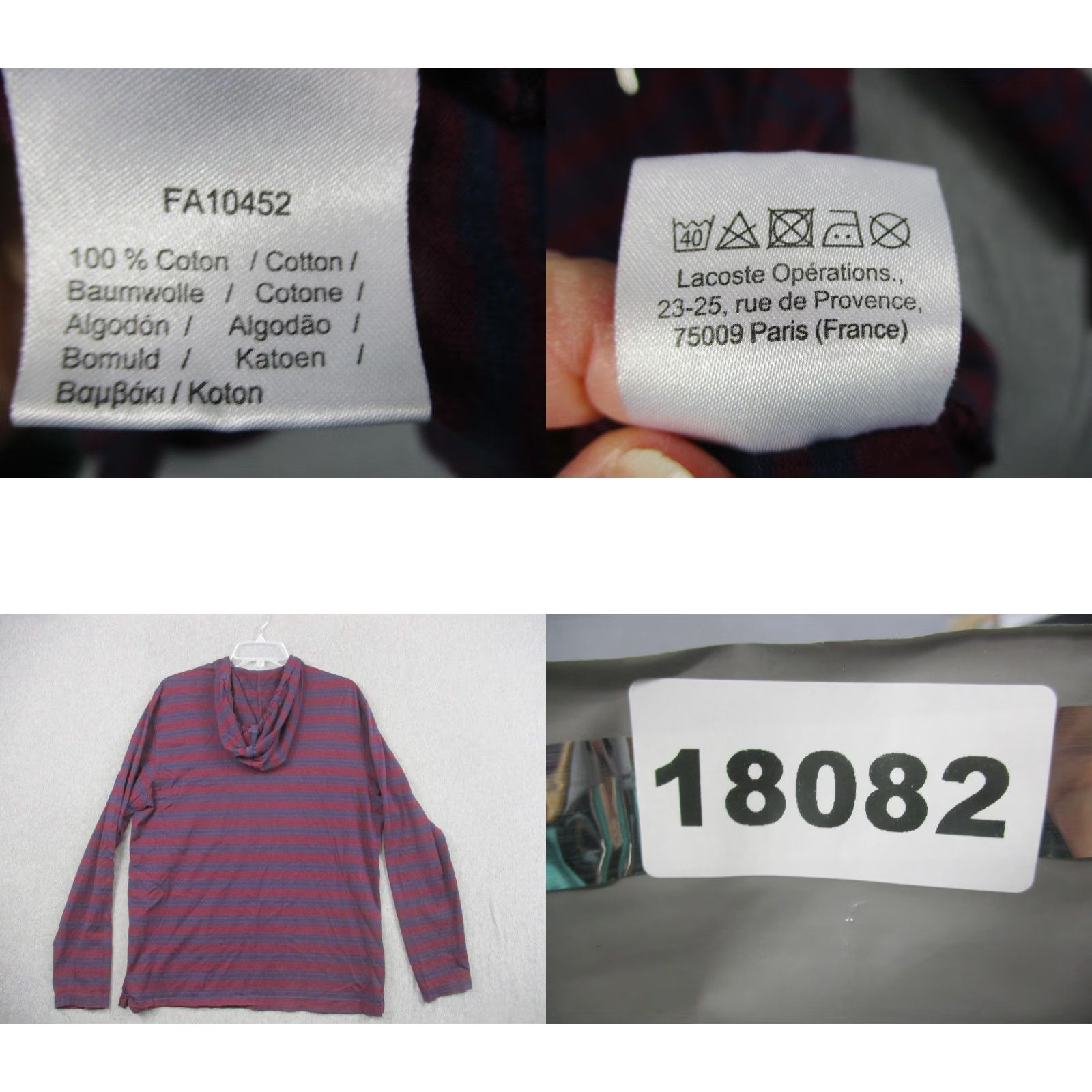 Lacoste Lacoste Hoodie Mens XL Burgundy Striped Pullover Regular Fit Hoodie Long Sleeve with Logo, Striped, Cotton, Lightweight, All Seasons, Red/Blue, Mens Size US XL / EU 56 / 4 - 8 Thumbnail