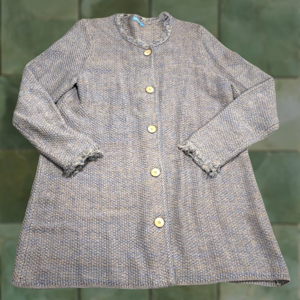 J.McLaughlin J McLaughlin Nan Long Cardigan Jacket Tweed Knit Modal Fringe Blue Sz L Size L / US 10 / IT 46 - 1 Thumbnail