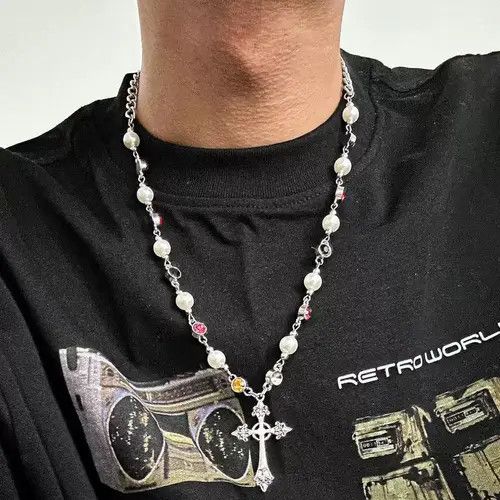 Jewelry Silver Cross Pendant Necklace with Colorful Beads Size ONE SIZE - 8 Thumbnail