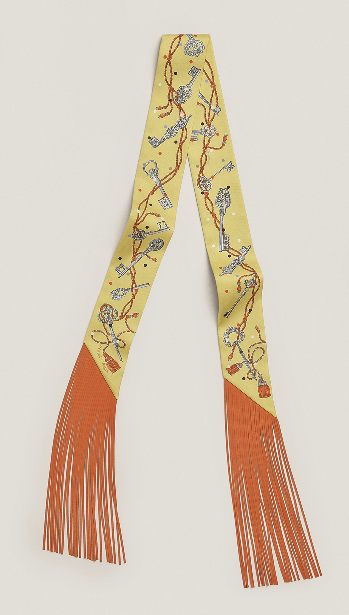 Hermes Scarf Twilly Fringe Leather Les Cles A Pois Jaune Argent Vif Size ONE SIZE - 1 Thumbnail