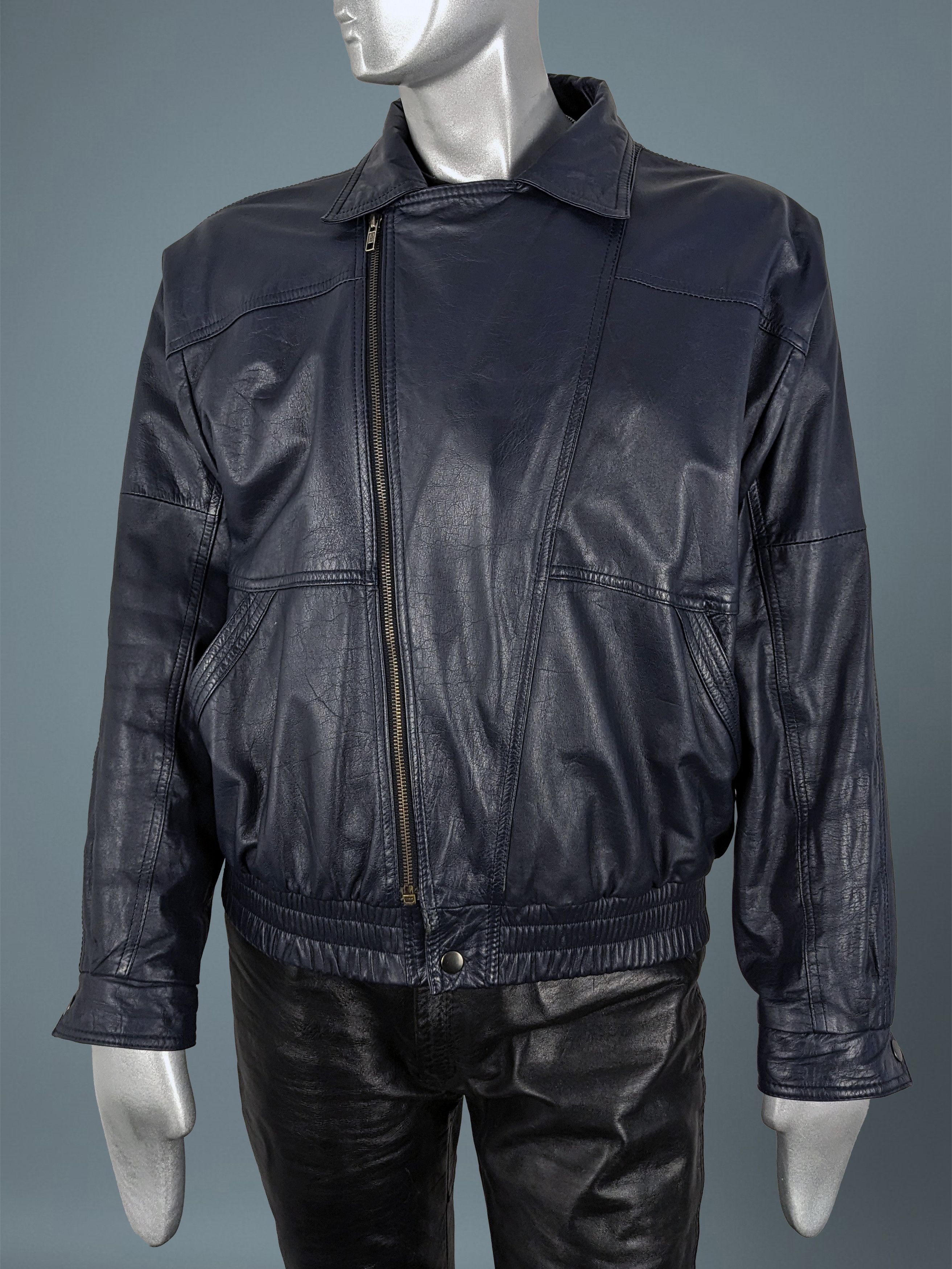 Vintage Vintage 90s Dark Blue Goatskin Leather Biker Bomber Jacket Size US M / EU 48-50 / 2 - 3 Thumbnail