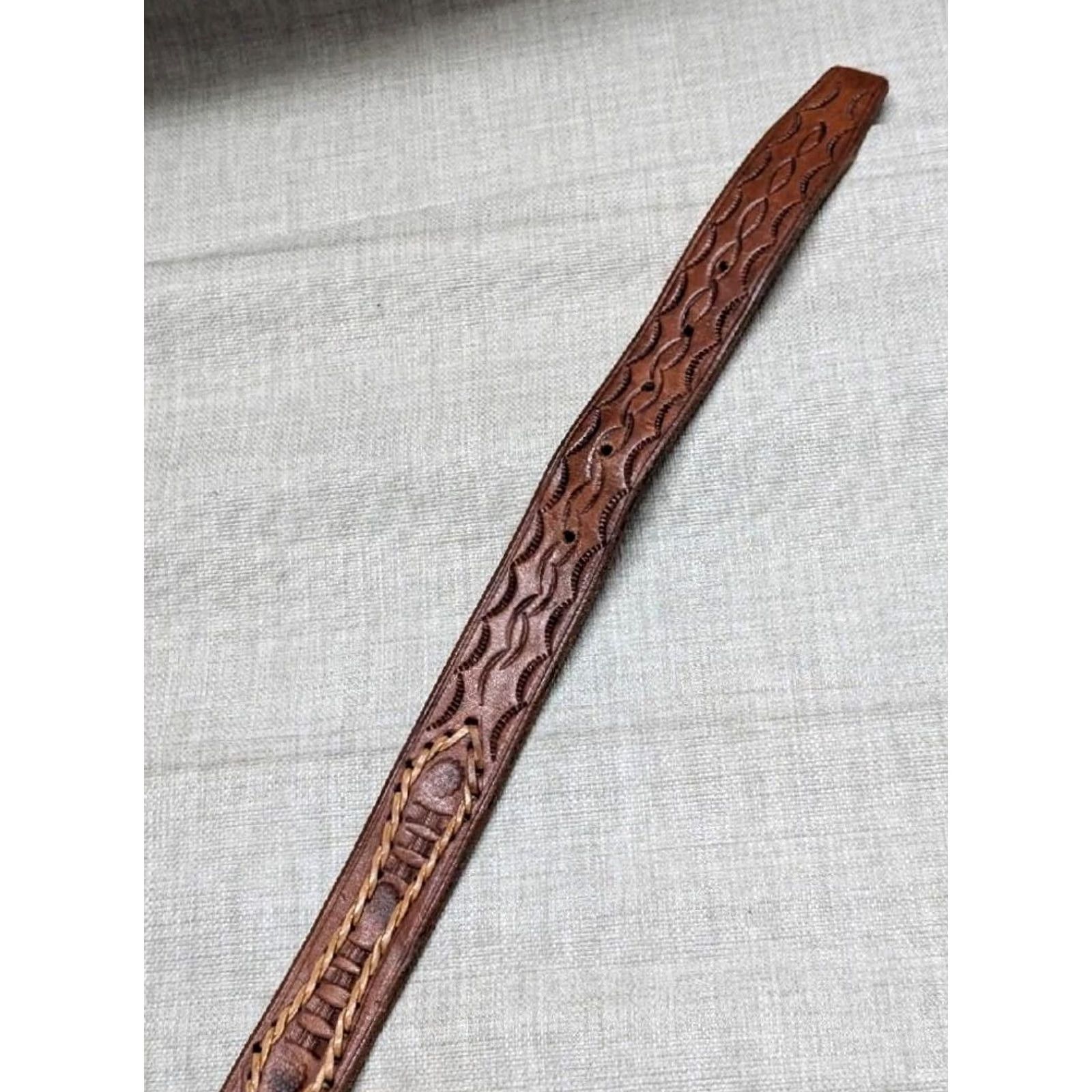 Vintage VINTAGE TOOLED buckle belt WESTERN handcrafted 36 leather COWHIDE brown COWBOY Size 36 - 5 Thumbnail
