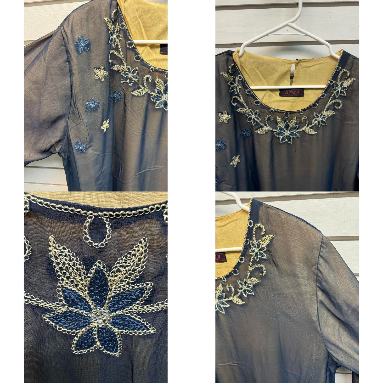 Vintage VINTAGE Sara Kaftan Dress M Abaya Embroidery Blue Sheer Tan Lined Modest Traditional Dress Blue Embroidered Kaftan Maxi Women M Bohemian Warmth Size M / US 6-8 / IT 42-44 - 8 Thumbnail