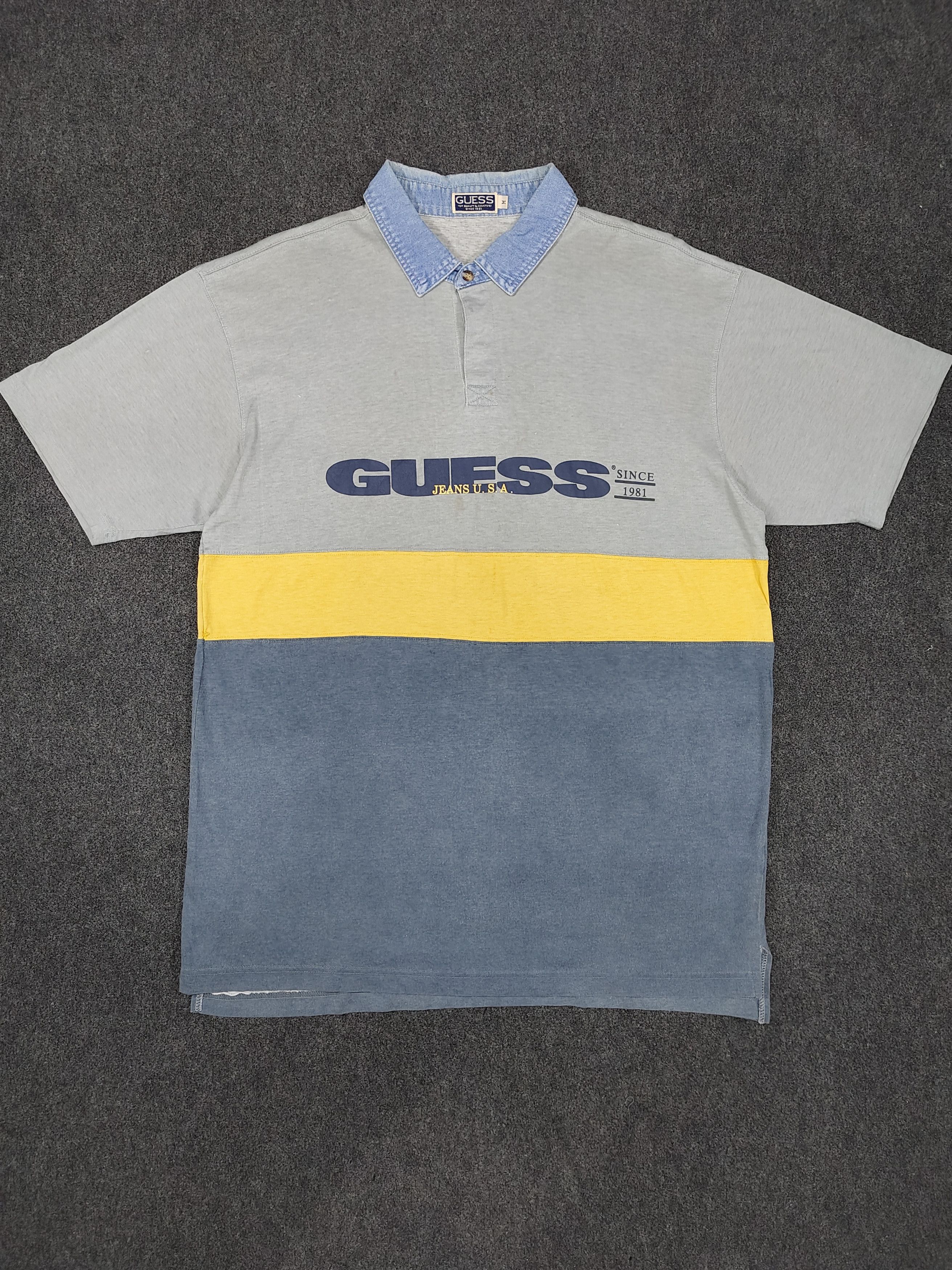 Guess 90s GUESS- Big Logo Color Block Denim Chambray Collar Polos Size US L / EU 52-54 / 3 - 1 Thumbnail