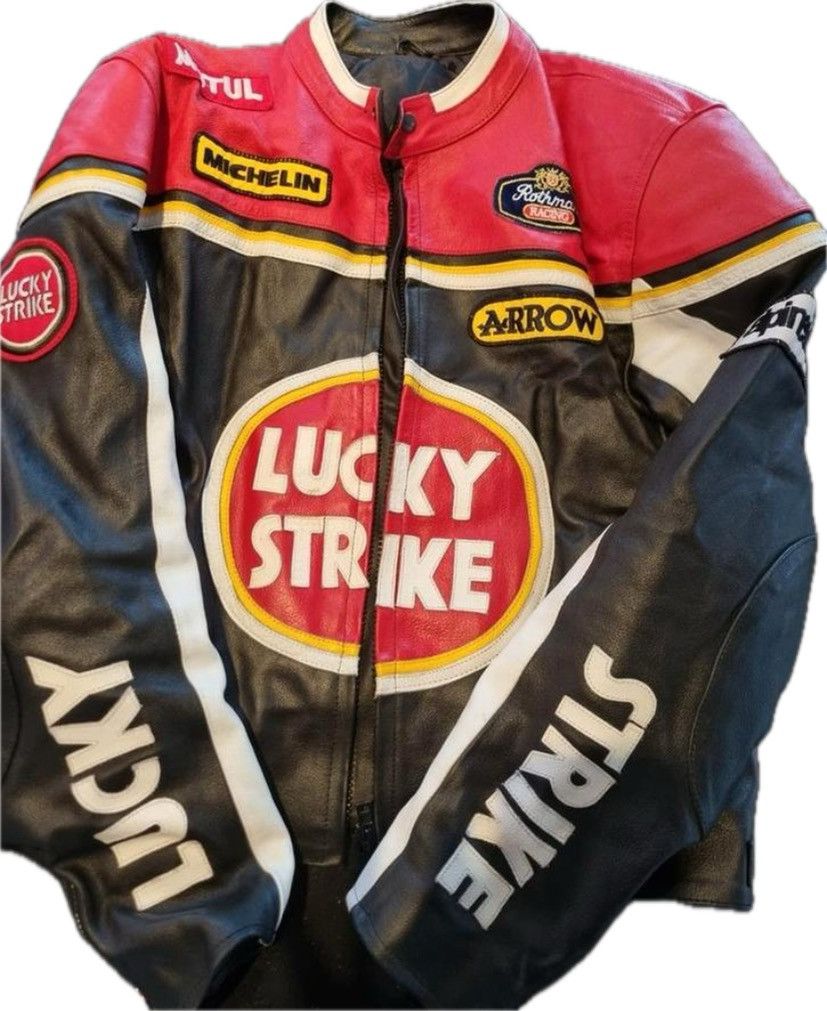 image of Rothmans Racing Lucky Strike Leather Jacket Size XL in Black, Men's