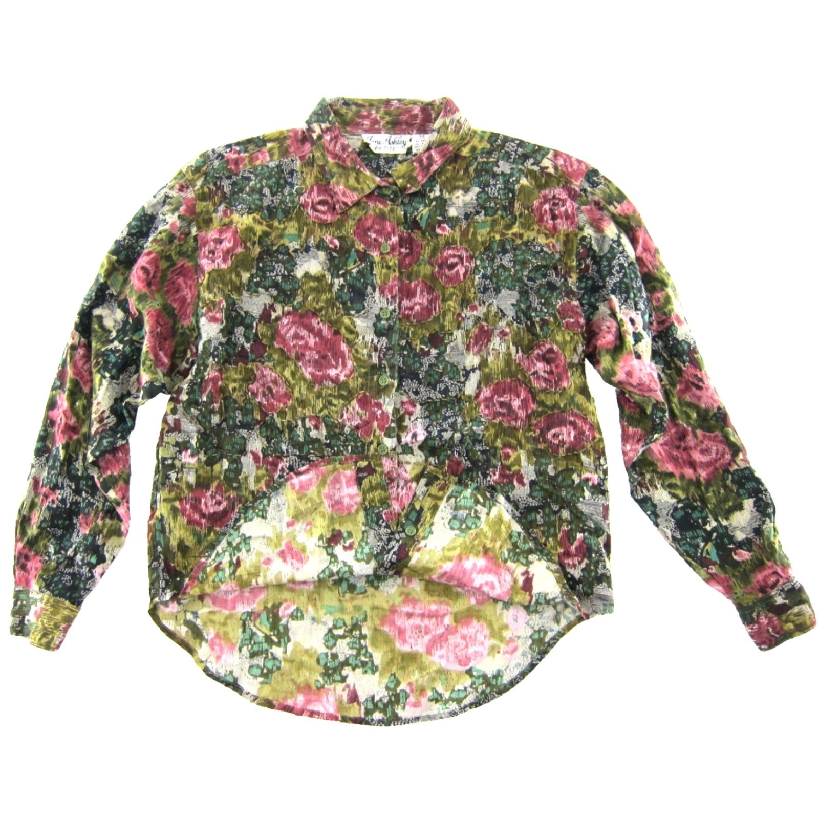 Pinko VTG Jane Ashley Blouse Pink Green Floral Long Sleeve Button Up Beaded Rayon PM Womens Vintage Blouse Size M / US 6-8 / IT 42-44 - 5 Thumbnail