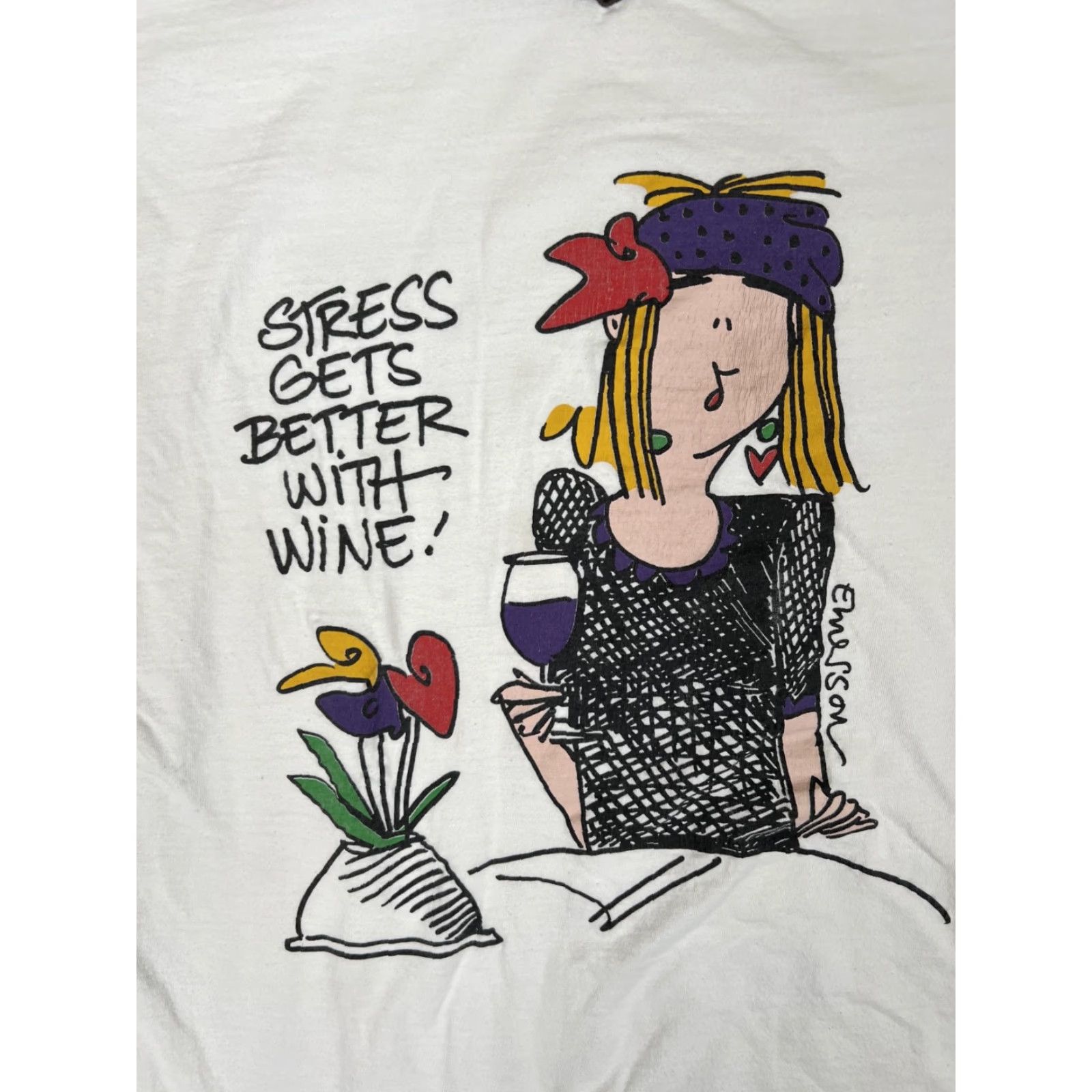 Vintage VINTAGE Emerson T-Shirt Women One Size White Short Sleeve V-Neck Stress Gets Better With Wine Regular Casual 100% Cotton United States Boys? Wait. Size ONE SIZE - 2 Thumbnail