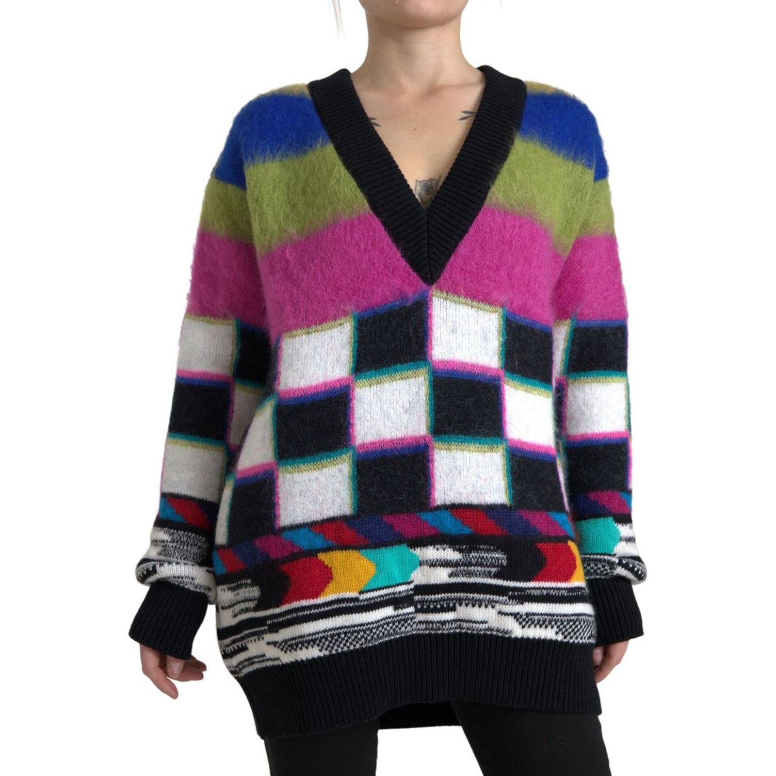 image of Dolce Gabbana Stripes V-Neck Pullover Sweater/it38 |Xs/nwt in Black, Women's