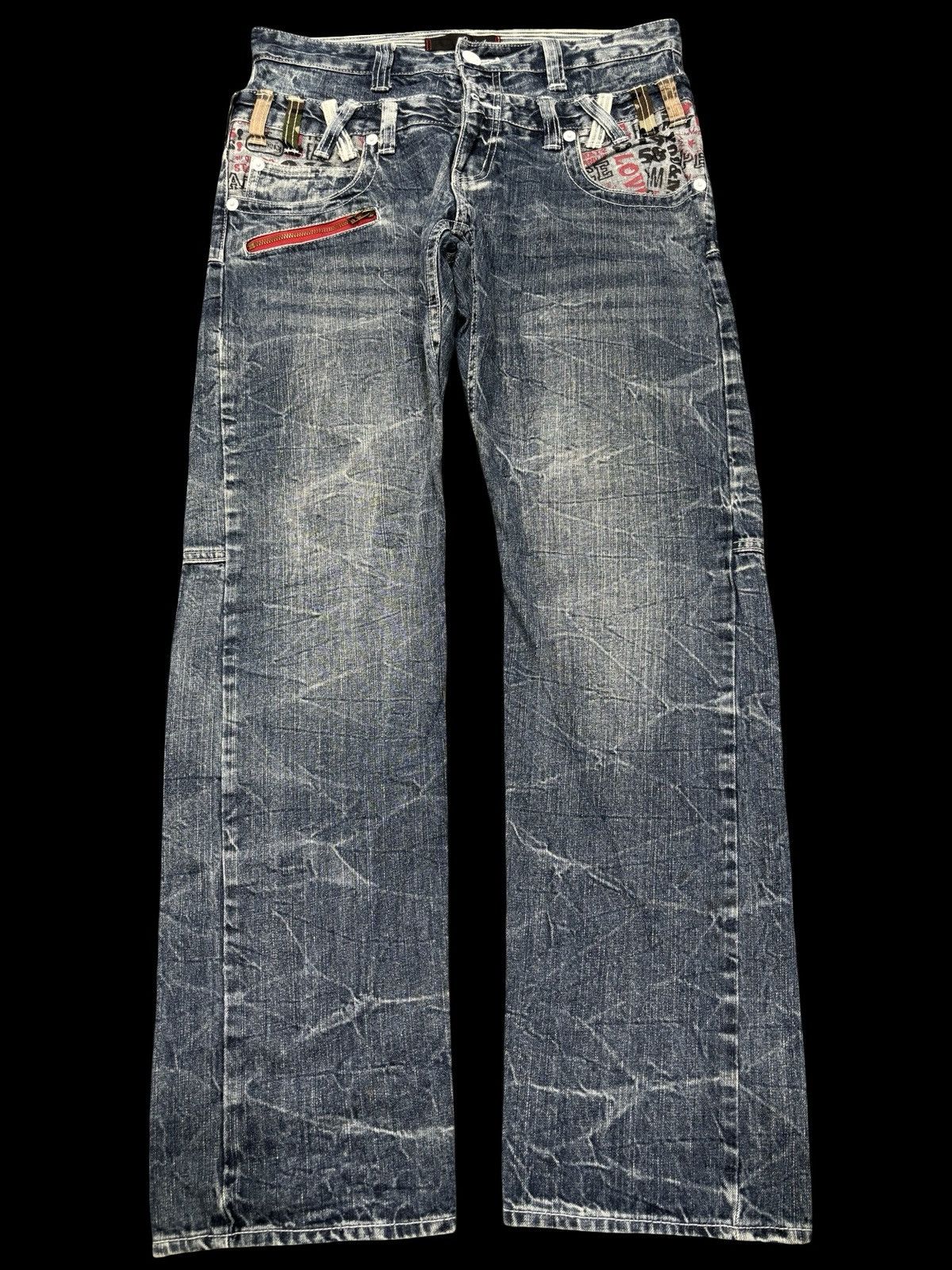 Japanese Brand 💥Double Waist💥Dominate Zipper Twisted Fades Denim F649 Size US 33 - 2 Thumbnail