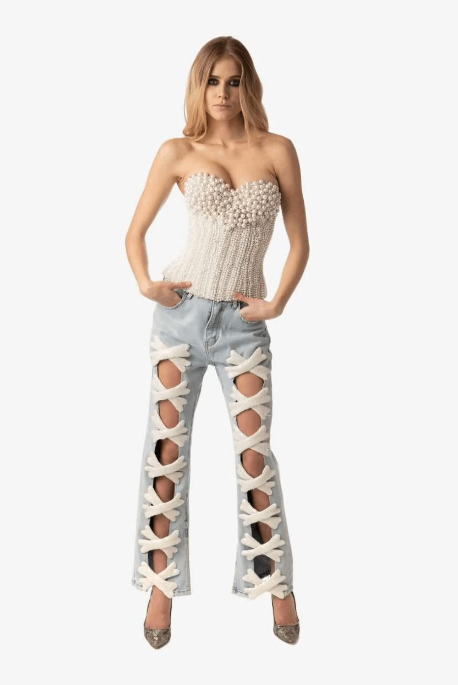 Other White Sequin Bone Tie Washed Denim Jeans Size 28" / US 6 / IT 42 - 3 Thumbnail